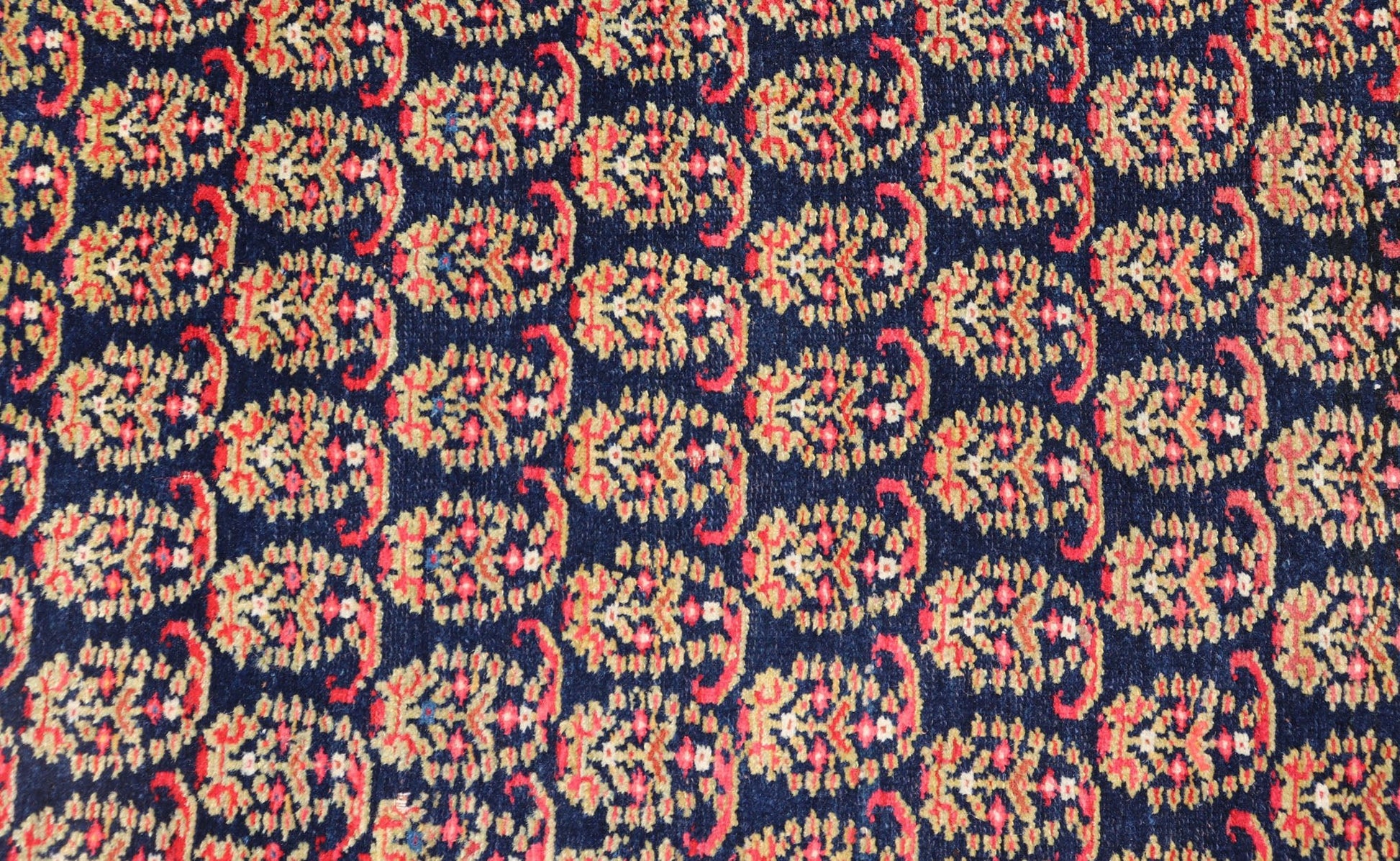 Antique Persian Malayer Paisley Design Runner in Red, Orange, and Blue Measures 3'7 x 18'7 This antique Persian Malayer features a denim blue guard for the small banded border, decorated with modest motifs in varying shades of blue, gree... - Keivan Woven ArtsEMA - 7585 - 10018Rug