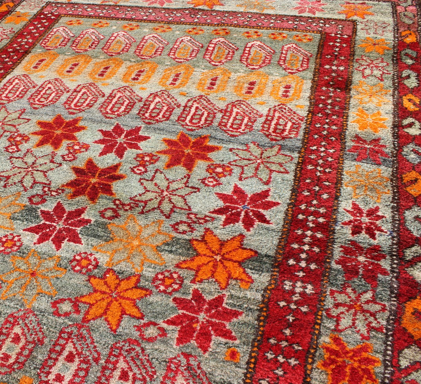 Colorful Vintage Persian Hamedan Rug with All - Over Motif Design Persian Hamedan Vintage Rug with Flower Geometric Design in Red, Orange, and Gray Tones, rug ema - 7586, country of origin / type: Iran / Hamedan, circa 1930. This magnificent... - Keivan Woven ArtsEMA - 7586 - 10024Rug
