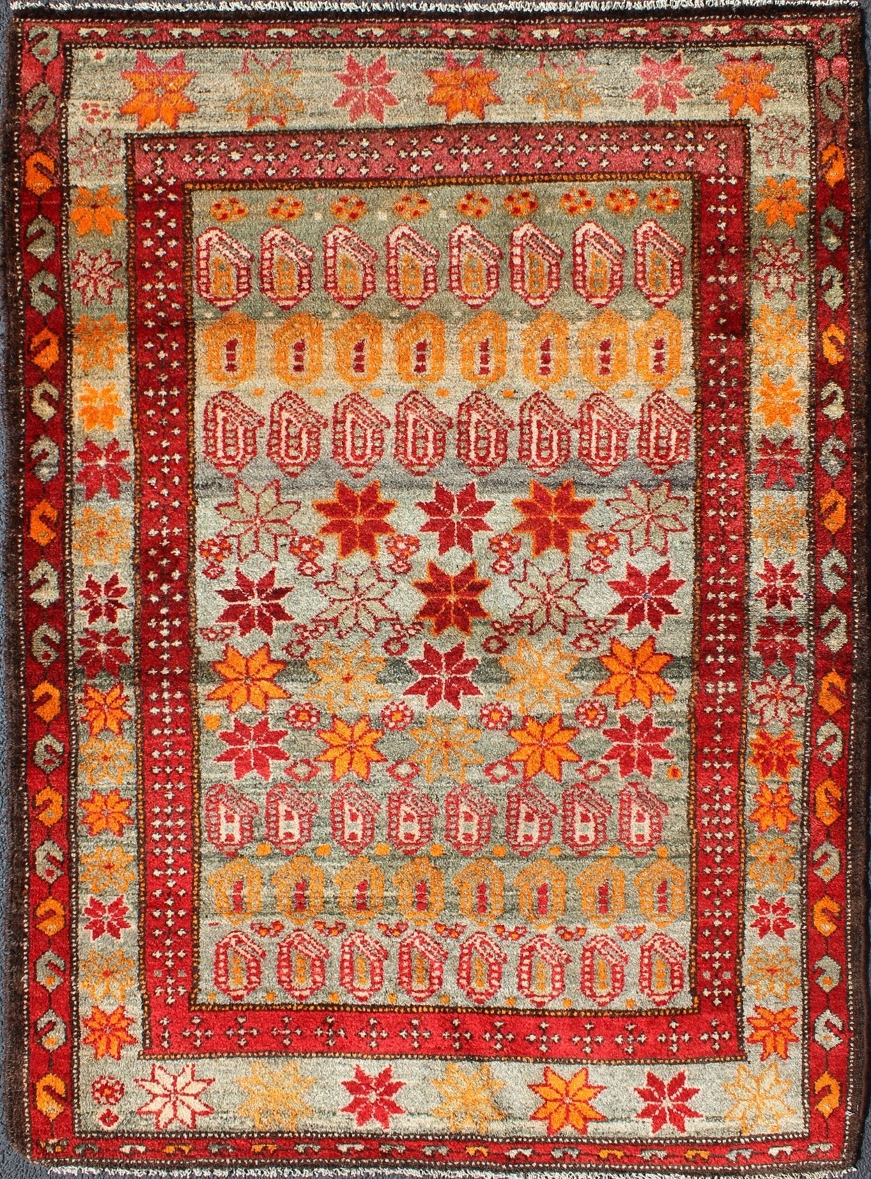 Colorful Vintage Persian Hamedan Rug with All - Over Motif Design Persian Hamedan Vintage Rug with Flower Geometric Design in Red, Orange, and Gray Tones, rug ema - 7586, country of origin / type: Iran / Hamedan, circa 1930. This magnificent... - Keivan Woven ArtsEMA - 7586 - 10024Rug
