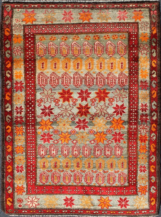 Colorful Vintage Persian Hamedan Rug with All - Over Motif Design Persian Hamedan Vintage Rug with Flower Geometric Design in Red, Orange, and Gray Tones, rug ema - 7586, country of origin / type: Iran / Hamedan, circa 1930. This magnificent... - Keivan Woven ArtsEMA - 7586 - 10024Rug