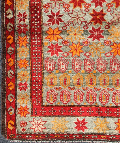 Colorful Vintage Persian Hamedan Rug with All - Over Motif Design Persian Hamedan Vintage Rug with Flower Geometric Design in Red, Orange, and Gray Tones, rug ema - 7586, country of origin / type: Iran / Hamedan, circa 1930. This magnificent... - Keivan Woven ArtsEMA - 7586 - 10024Rug