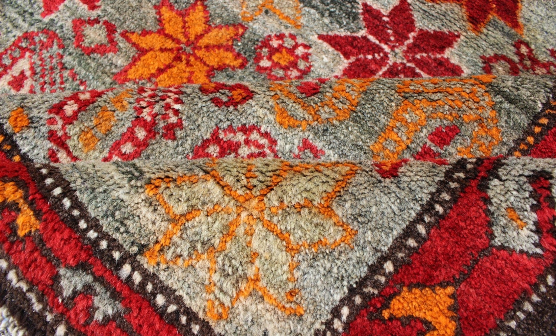 Colorful Vintage Persian Hamedan Rug with All - Over Motif Design Persian Hamedan Vintage Rug with Flower Geometric Design in Red, Orange, and Gray Tones, rug ema - 7586, country of origin / type: Iran / Hamedan, circa 1930. This magnificent... - Keivan Woven ArtsEMA - 7586 - 10024Rug