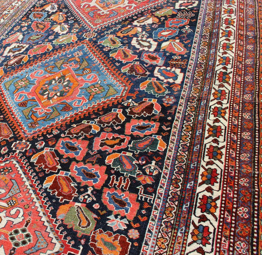 Qashqai rug antique from Persian with detailed and colorful Tri - Medallion design, Keivan Woven Arts / rug ema - 7589, country of origin / type: Iran / Qashqai, circa 1900. The Qashqai nomads are found in the Fars province in southwest Iran. They m... - Keivan Woven ArtsEMA - 7589 - 10032Rug