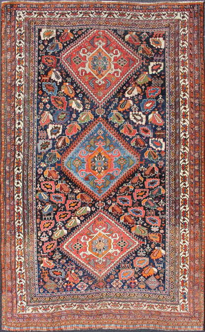 Qashqai rug antique from Persian with detailed and colorful Tri - Medallion design, Keivan Woven Arts / rug ema - 7589, country of origin / type: Iran / Qashqai, circa 1900. The Qashqai nomads are found in the Fars province in southwest Iran. They m... - Keivan Woven ArtsEMA - 7589 - 10032Rug