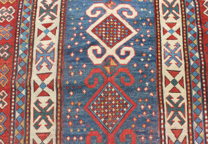 Red and Blue Antique Caucasian Kazak Rug with Vertical Tribal Medallions. Keivan Woven Arts / rug EMAC - 001, country of origin / type: Caucasus / Kazak, circa 1890 Measures: 4' x 8'10 The field design of this late 19th century antique Caucasian K... - Keivan Woven ArtsEMAC - 001 - 8801Rug