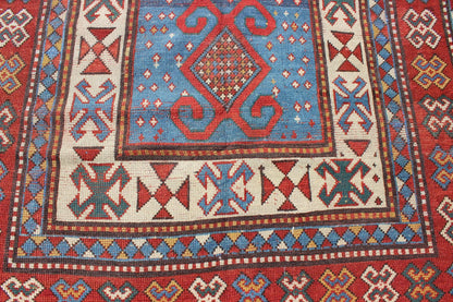 Red and Blue Antique Caucasian Kazak Rug with Vertical Tribal Medallions. Keivan Woven Arts / rug EMAC - 001, country of origin / type: Caucasus / Kazak, circa 1890 Measures: 4' x 8'10 The field design of this late 19th century antique Caucasian K... - Keivan Woven ArtsEMAC - 001 - 8801Rug