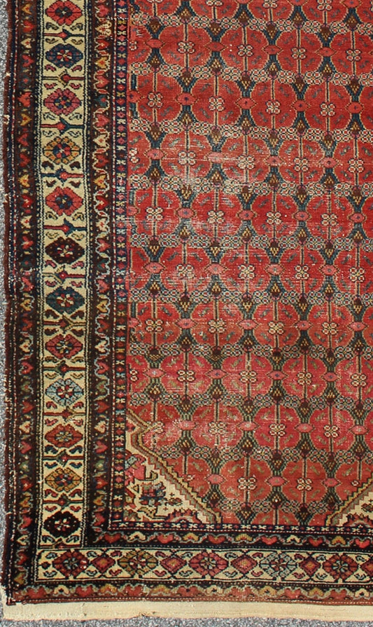 Sub - Geometric Floral All - Over Design Antique Hand Knotted Persian Malayer Runner in Red Sub - Geometric Floral all - over design antique Persian Malayer runner in softred, blue, ivory rug emac - 002, country of origin / type: Iran / Malayer, circa 192... - Keivan Woven ArtsEMAC - 002 - 8807Rug