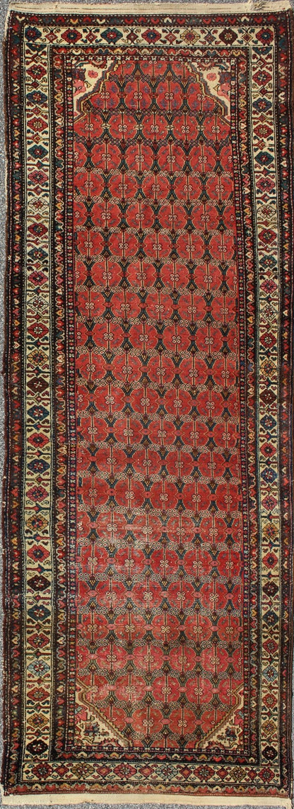 Sub - Geometric Floral All - Over Design Antique Hand Knotted Persian Malayer Runner in Red Sub - Geometric Floral all - over design antique Persian Malayer runner in softred, blue, ivory rug emac - 002, country of origin / type: Iran / Malayer, circa 192... - Keivan Woven ArtsEMAC - 002 - 8807Rug