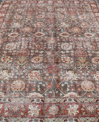 Antique Tabriz with All - Over Floral Sub - Geometric Design In Charcoal and Red. Antique Floral Tabriz, Keivan Woven Arts / rug EMB - 22102 - 15103, country of origin / type: Persian / Tabriz, circa Early - 20th Century. Measures: 8'0 x 11'6 This stunning... - Keivan Woven ArtsEMB - 22102 - 15103 - 20788Rug