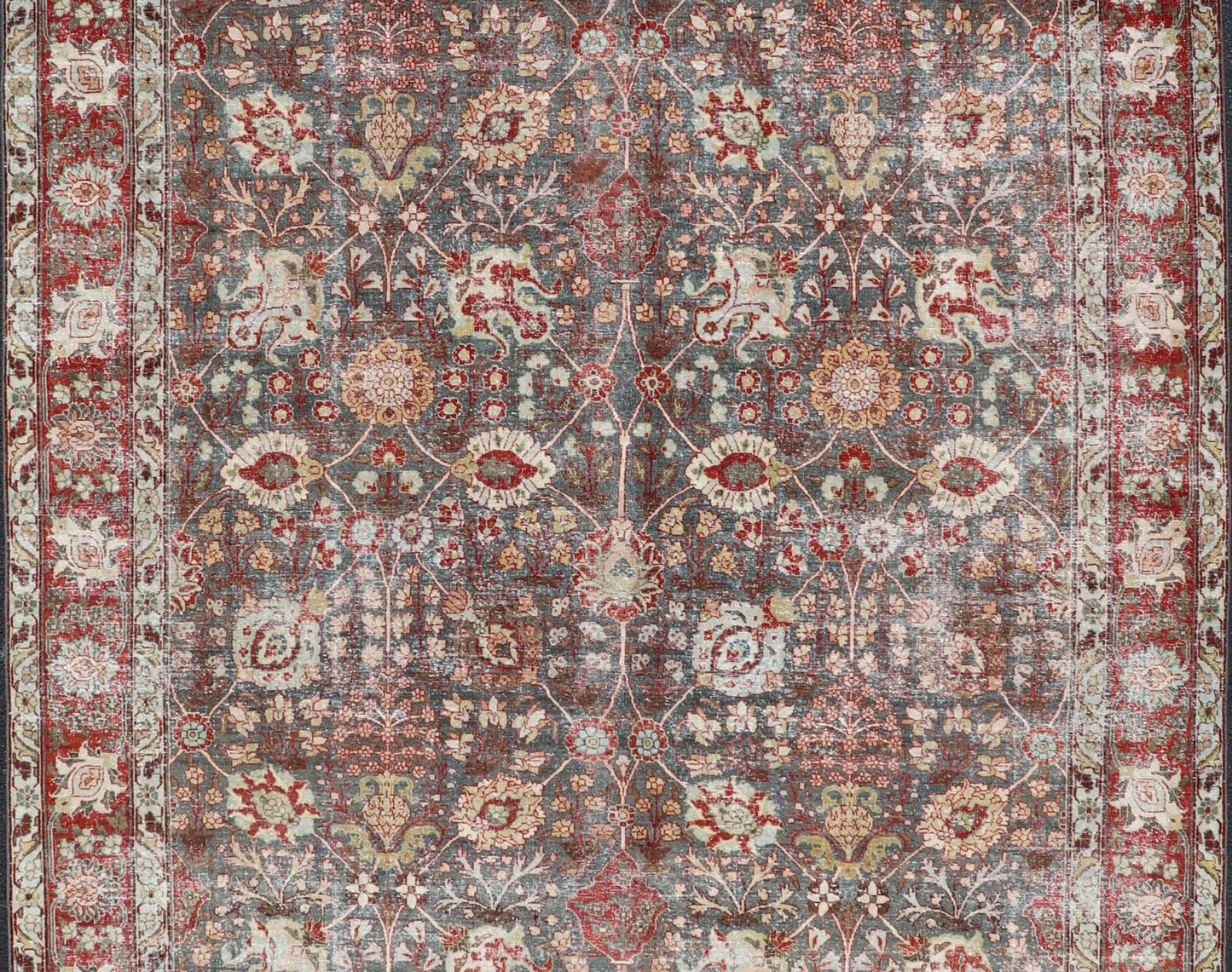 Antique Tabriz with All - Over Floral Sub - Geometric Design In Charcoal and Red. Antique Floral Tabriz, Keivan Woven Arts / rug EMB - 22102 - 15103, country of origin / type: Persian / Tabriz, circa Early - 20th Century. Measures: 8'0 x 11'6 This stunning... - Keivan Woven ArtsEMB - 22102 - 15103 - 20788Rug