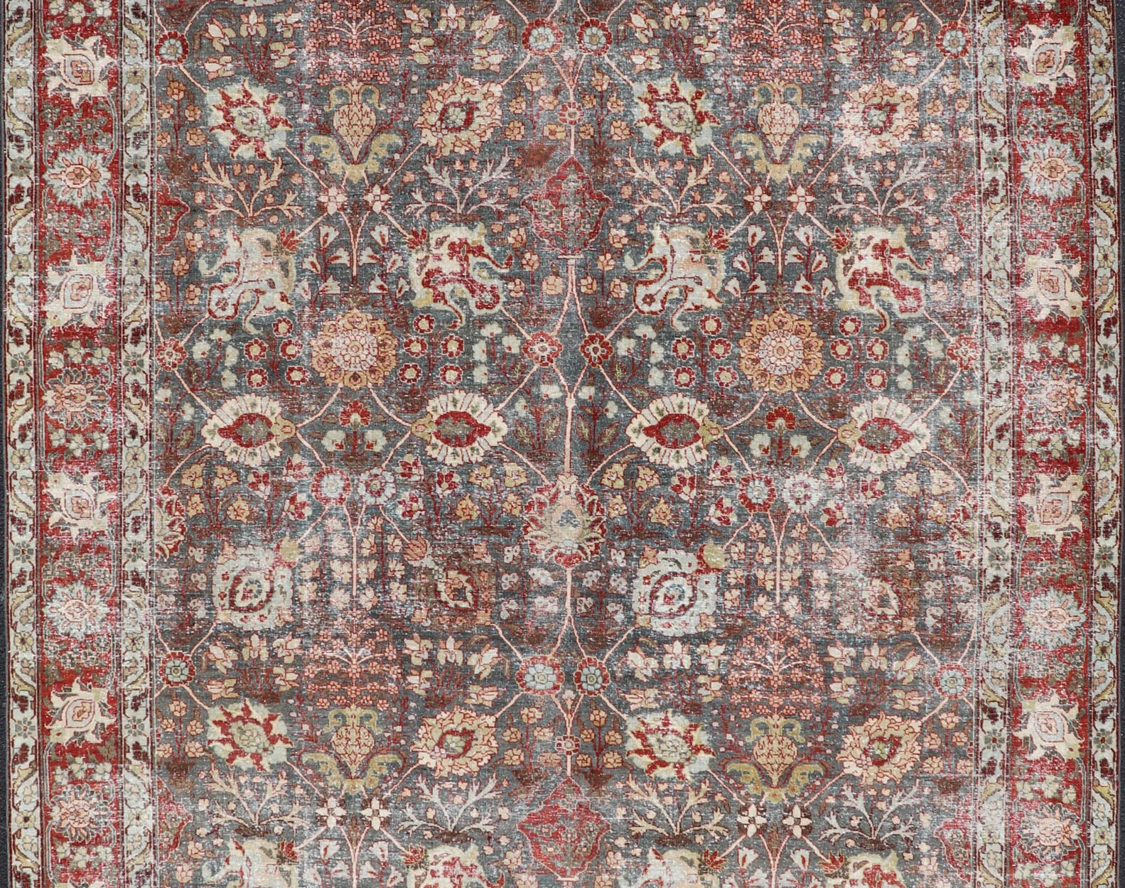 Antique Tabriz with All - Over Floral Sub - Geometric Design In Charcoal and Red. Antique Floral Tabriz, Keivan Woven Arts / rug EMB - 22102 - 15103, country of origin / type: Persian / Tabriz, circa Early - 20th Century. Measures: 8'0 x 11'6 This stunning... - Keivan Woven ArtsEMB - 22102 - 15103 - 20788Rug