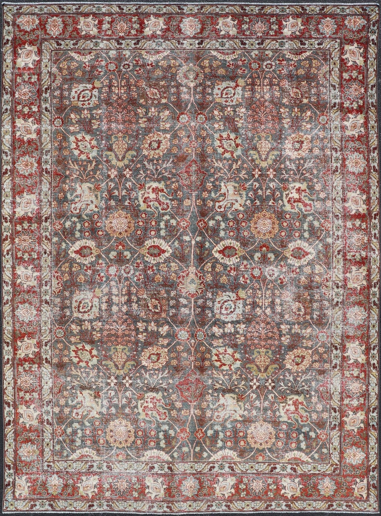 Antique Tabriz with All - Over Floral Sub - Geometric Design In Charcoal and Red. Antique Floral Tabriz, Keivan Woven Arts / rug EMB - 22102 - 15103, country of origin / type: Persian / Tabriz, circa Early - 20th Century. Measures: 8'0 x 11'6 This stunning... - Keivan Woven ArtsEMB - 22102 - 15103 - 20788Rug