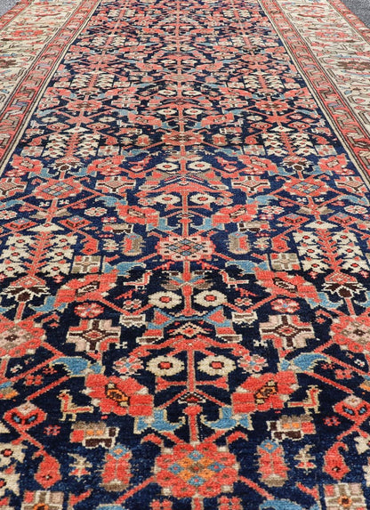 Colorful Antique Persian Malayer Gallery Rug with All - Over Tribal Design. Keivan Woven Arts / Rug/EMB - 22103 - 15104, country of origin / type: Iran / Malayer, circa 1920. Measures: 5'0 x 11'4 This antique Persian Malayer rugs traditional pattern wi... - Keivan Woven ArtsEMB - 22103 - 15104 - 20794Rug