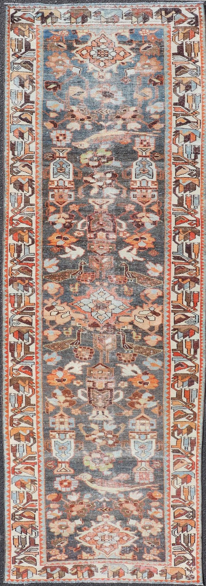 Antique Persian Hamedan Runner in All - Over Floral Design in Brown, Orange, Ivory. Keivan Woven Arts / rug EMB - 22104 - 15102, country of origin / type: Iran / Hamadan, circa 1920 Measures: 3'2 x 9'9 This antique Persian hamadan runner, from western... - Keivan Woven ArtsEMB - 22104 - 15102 - 20782Rug