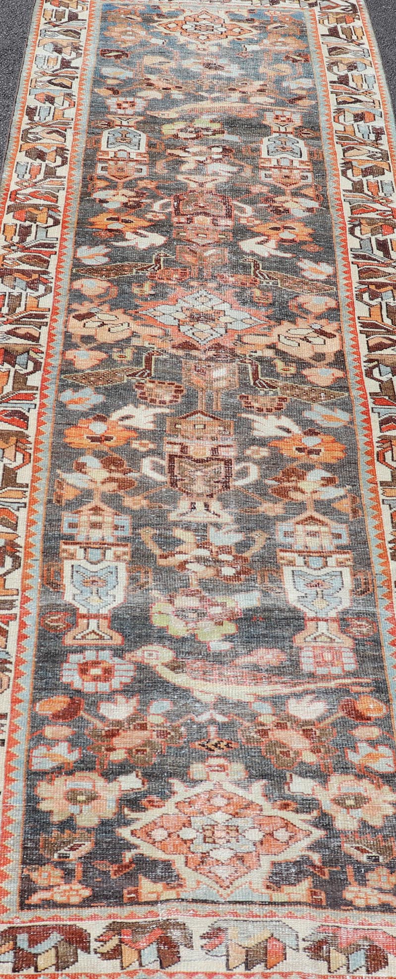 Antique Persian Hamedan Runner in All - Over Floral Design in Brown, Orange, Ivory. Keivan Woven Arts / rug EMB - 22104 - 15102, country of origin / type: Iran / Hamadan, circa 1920 Measures: 3'2 x 9'9 This antique Persian hamadan runner, from western... - Keivan Woven ArtsEMB - 22104 - 15102 - 20782Rug