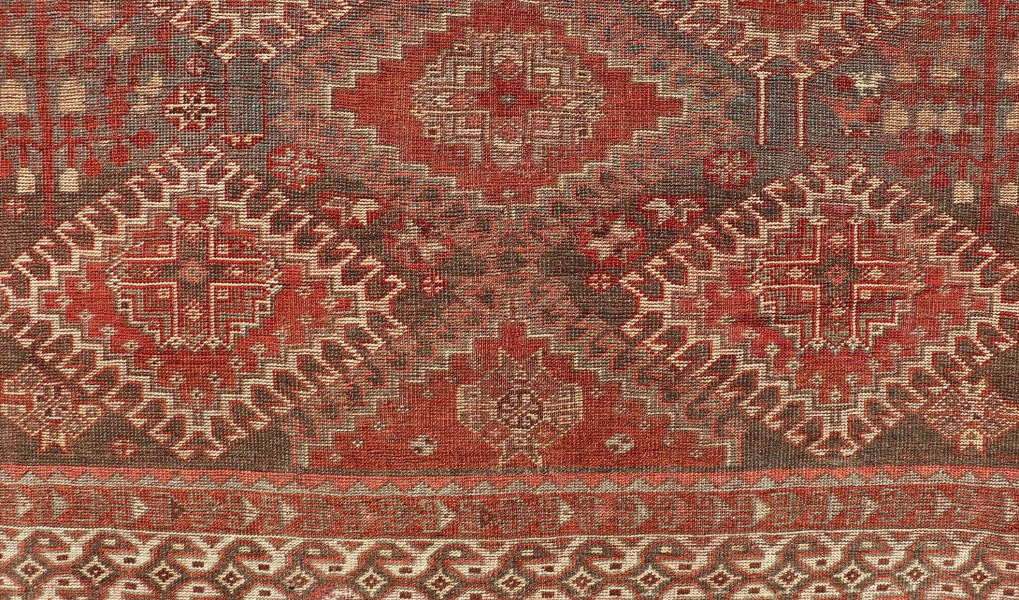 Measures: 5'6 x 9'6 Geometric Antique Persian Shiraz Rug with All - Over Medallion Design. Keivan Woven Arts / rug EMB - 22105 - 15105, country of origin / type: Iran / Shiraz, circa 1930. Persian Shiraz rug (circa early 20th century) features a u... - Keivan Woven ArtsEMB - 22105 - 15105 - 20800