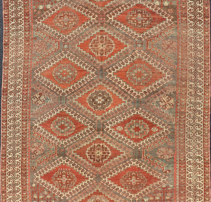 Measures: 5'6 x 9'6 Geometric Antique Persian Shiraz Rug with All - Over Medallion Design. Keivan Woven Arts / rug EMB - 22105 - 15105, country of origin / type: Iran / Shiraz, circa 1930. Persian Shiraz rug (circa early 20th century) features a u... - Keivan Woven ArtsEMB - 22105 - 15105 - 20800
