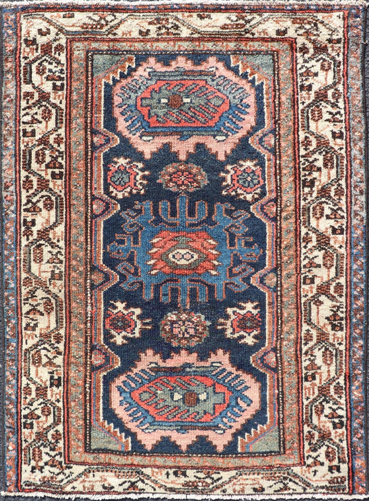Measures: 2'6 x 3'6 Antique Persian Hamadan Rug with Medallion Design in Multicolor. Keivan Woven Arts / rug EMB - 22107 - 15051, country of origin / type: Iran / Hamadan, circa 1930. This Antique Hamadan rug hailing from Persia features a large... - Keivan Woven ArtsEMB - 22107 - 15051 - 20541