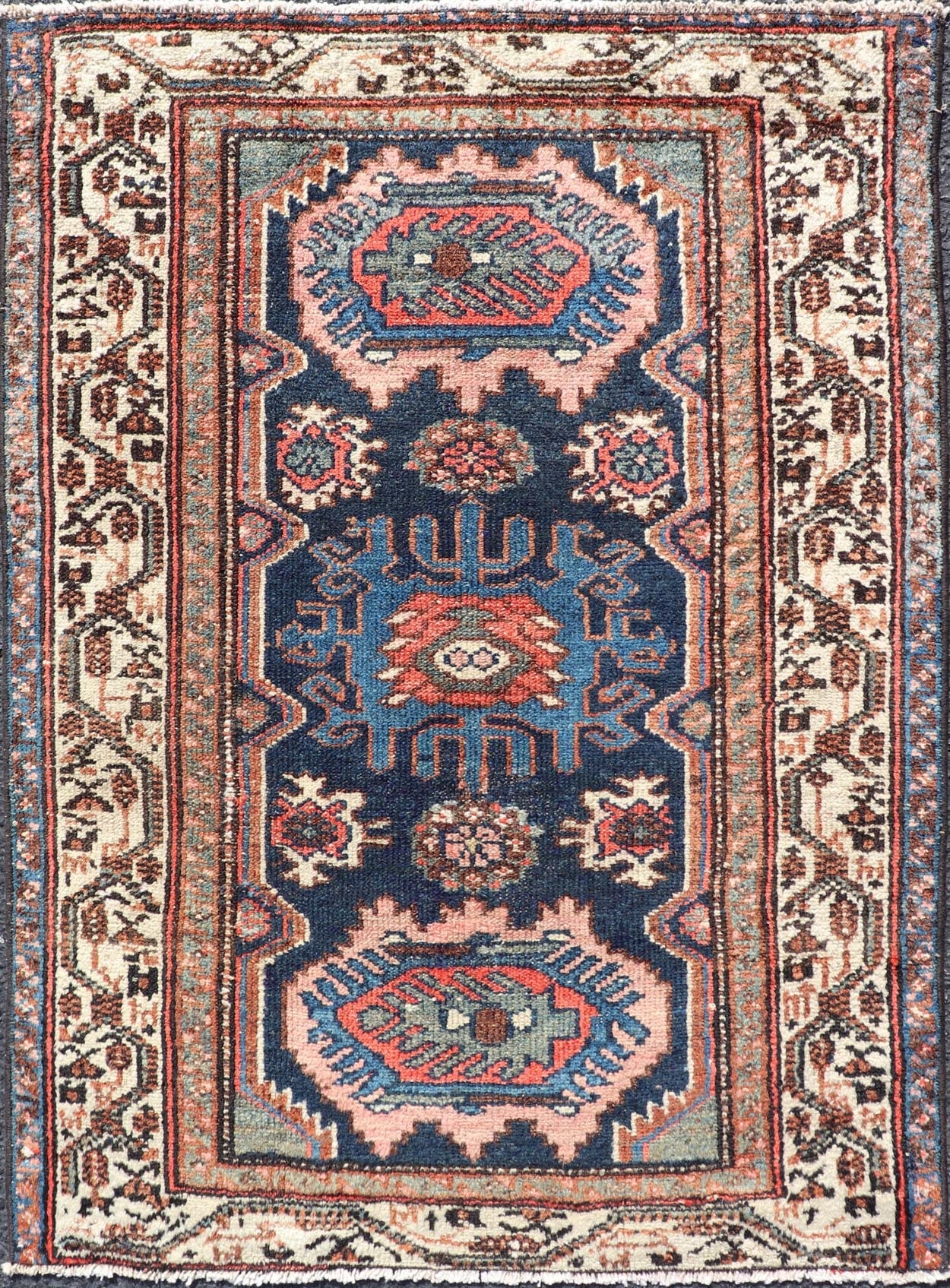 Measures: 2'6 x 3'6 Antique Persian Hamadan Rug with Medallion Design in Multicolor. Keivan Woven Arts / rug EMB - 22107 - 15051, country of origin / type: Iran / Hamadan, circa 1930. This Antique Hamadan rug hailing from Persia features a large... - Keivan Woven ArtsEMB - 22107 - 15051 - 20541Rug