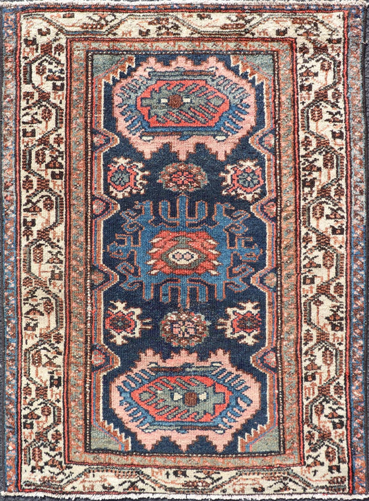 Measures: 2'6 x 3'6 Antique Persian Hamadan Rug with Medallion Design in Multicolor. Keivan Woven Arts / rug EMB - 22107 - 15051, country of origin / type: Iran / Hamadan, circa 1930. This Antique Hamadan rug hailing from Persia features a large... - Keivan Woven ArtsEMB - 22107 - 15051 - 20541Rug