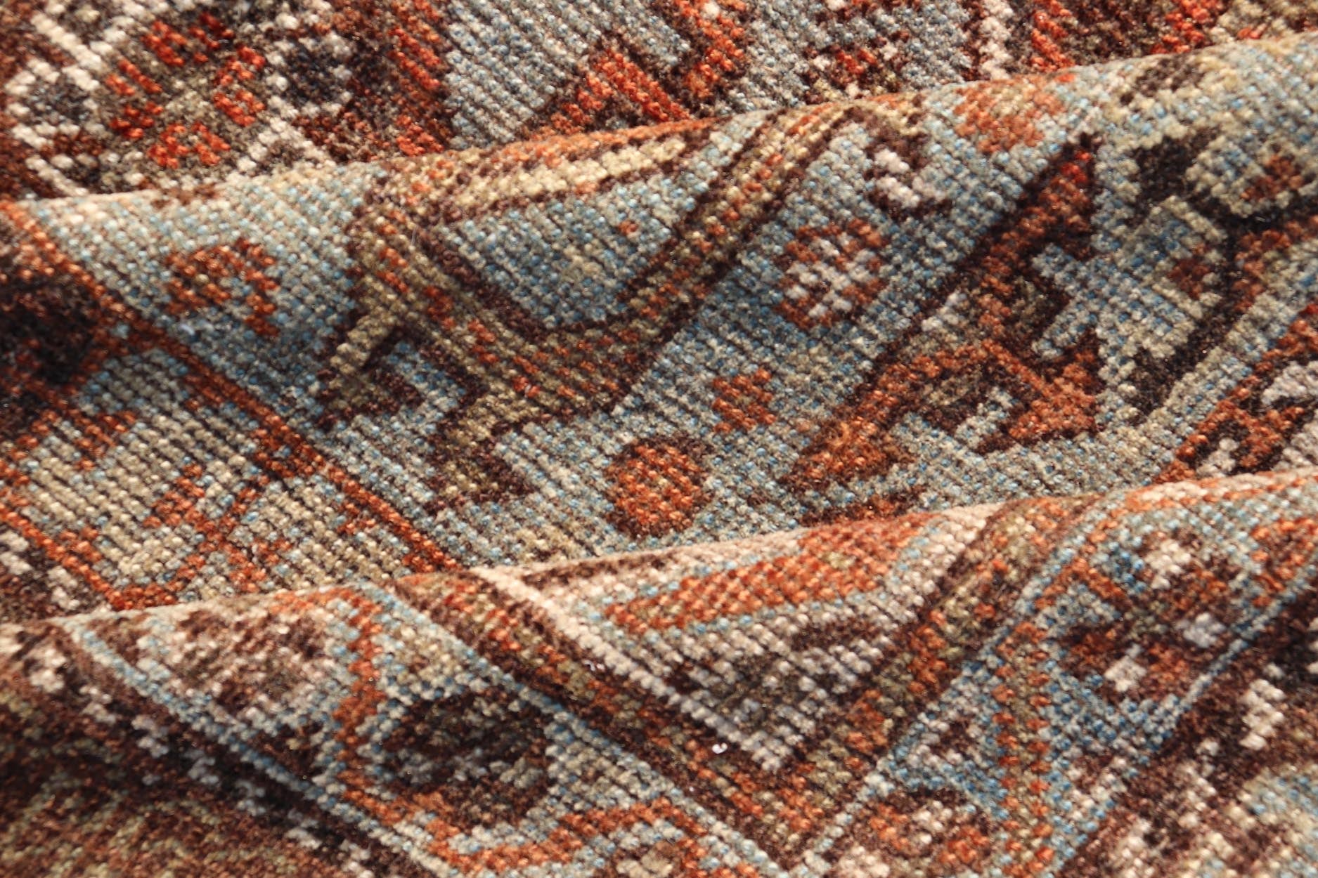 Measures: 7'0 x 10'1 Antique Persian Shiraz Rug With Medallions Geometric in Rusty Orange, Steel Blue. Keivan Woven Arts / rug EMB - 22108 - 15052, country of origin / type: Iran / Shiraz, circa 1920. This antique distressed Persian Shiraz rug (cir... - Keivan Woven ArtsEMB - 22108 - 15052 - 20547Rug