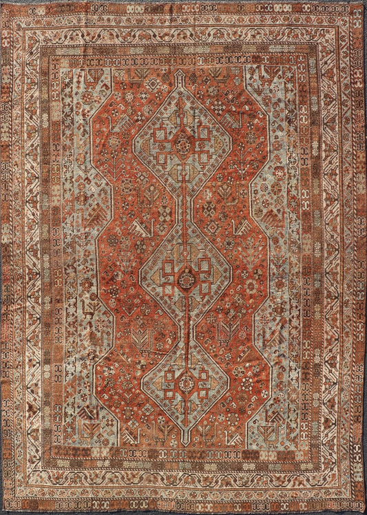 Measures: 7'0 x 10'1 Antique Persian Shiraz Rug With Medallions Geometric in Rusty Orange, Steel Blue. Keivan Woven Arts / rug EMB - 22108 - 15052, country of origin / type: Iran / Shiraz, circa 1920. This antique distressed Persian Shiraz rug (cir... - Keivan Woven ArtsEMB - 22108 - 15052 - 20547Rug