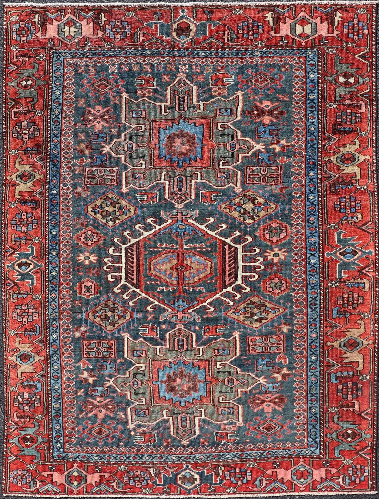 Antique Persian Karajeh Rug with Three Geometric Medallions in Red & Blue. Keivan Woven Arts / rug EMB - 22109 - 15037, country of origin / type: Persian / Serapi - Karajeh, circa early - 20th century. Measures: 4'5 x 6'1 Traditionally inspired by the C... - Keivan Woven ArtsEMB - 22109 - 15037 - 20463Rug