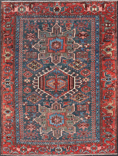 Antique Persian Karajeh Rug with Three Geometric Medallions in Red & Blue. Keivan Woven Arts / rug EMB - 22109 - 15037, country of origin / type: Persian / Serapi - Karajeh, circa early - 20th century. Measures: 4'5 x 6'1 Traditionally inspired by the C... - Keivan Woven ArtsEMB - 22109 - 15037 - 20463Rug