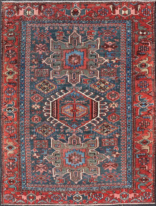 Antique Persian Karajeh Rug with Three Geometric Medallions in Red & Blue. Keivan Woven Arts / rug EMB - 22109 - 15037, country of origin / type: Persian / Serapi - Karajeh, circa early - 20th century. Measures: 4'5 x 6'1 Traditionally inspired by the C... - Keivan Woven ArtsEMB - 22109 - 15037 - 20463Rug
