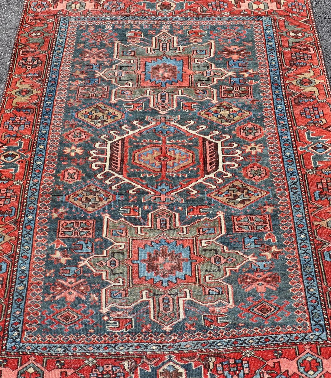 Antique Persian Karajeh Rug with Three Geometric Medallions in Red & Blue. Keivan Woven Arts / rug EMB - 22109 - 15037, country of origin / type: Persian / Serapi - Karajeh, circa early - 20th century. Measures: 4'5 x 6'1 Traditionally inspired by the C... - Keivan Woven ArtsEMB - 22109 - 15037 - 20463Rug