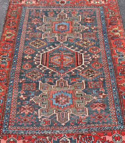 Antique Persian Karajeh Rug with Three Geometric Medallions in Red & Blue. Keivan Woven Arts / rug EMB - 22109 - 15037, country of origin / type: Persian / Serapi - Karajeh, circa early - 20th century. Measures: 4'5 x 6'1 Traditionally inspired by the C... - Keivan Woven ArtsEMB - 22109 - 15037 - 20463Rug