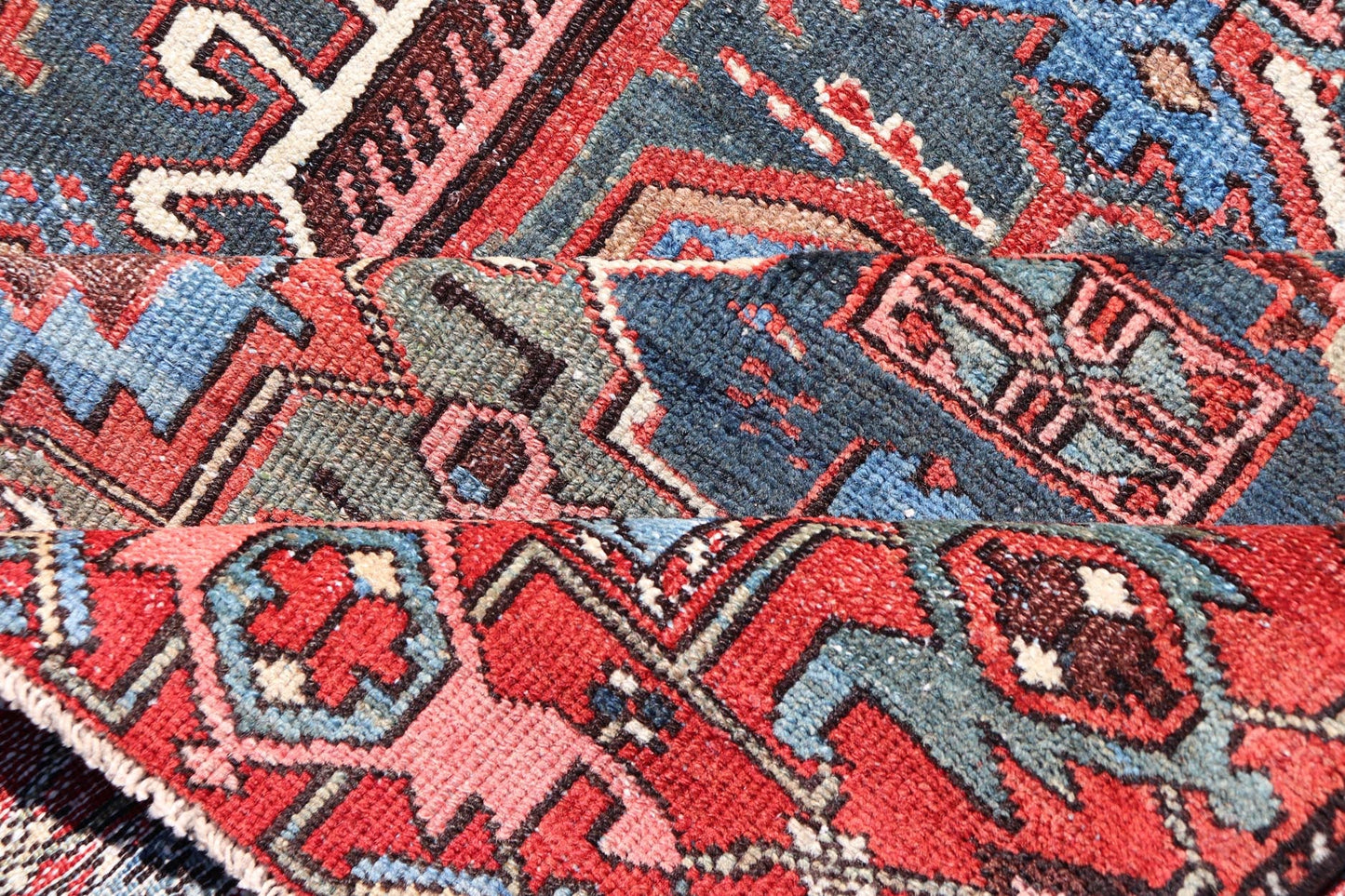 Antique Persian Karajeh Rug with Three Geometric Medallions in Red & Blue. Keivan Woven Arts / rug EMB - 22109 - 15037, country of origin / type: Persian / Serapi - Karajeh, circa early - 20th century. Measures: 4'5 x 6'1 Traditionally inspired by the C... - Keivan Woven ArtsEMB - 22109 - 15037 - 20463Rug