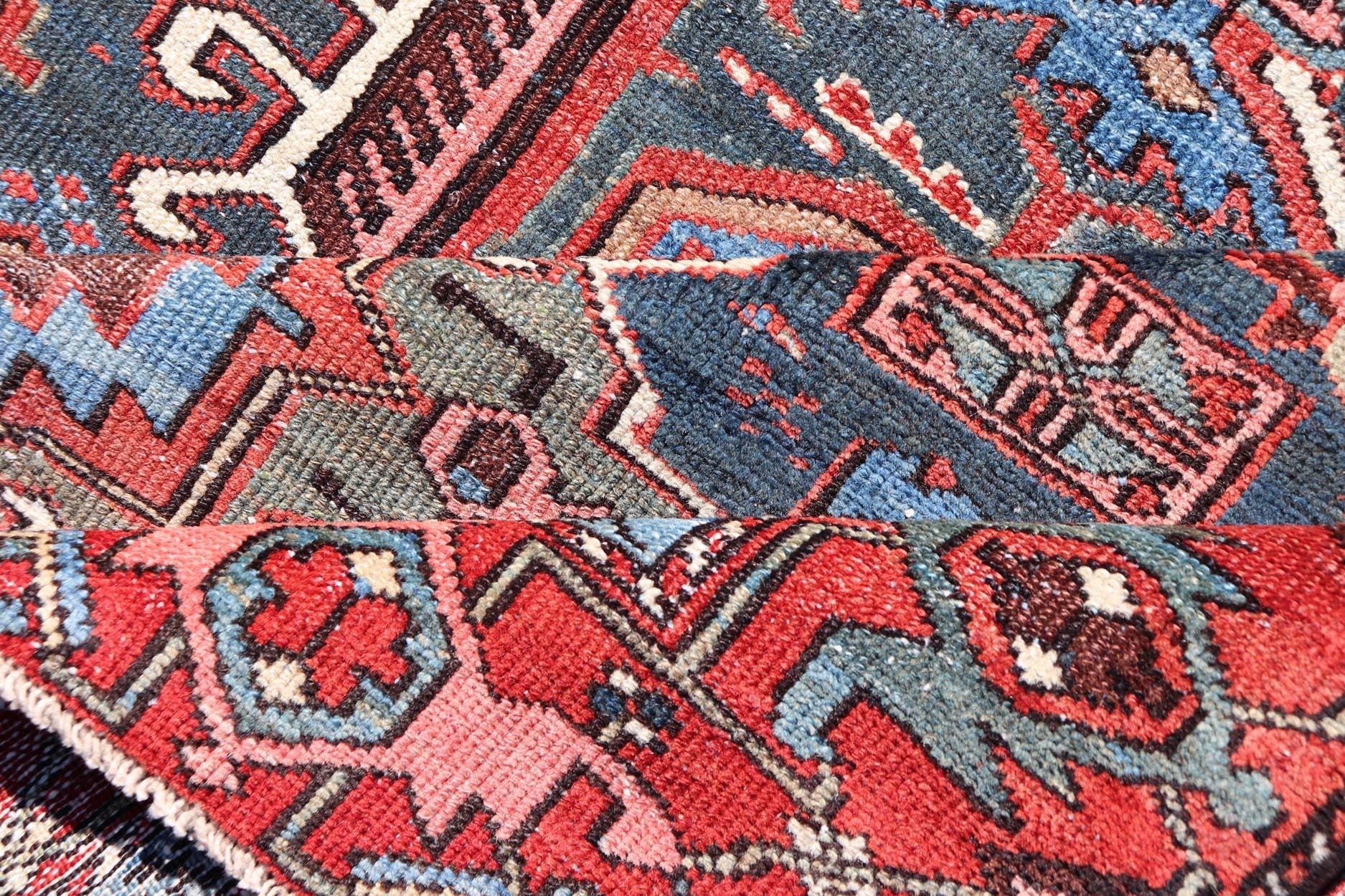 Antique Persian Karajeh Rug with Three Geometric Medallions in Red & Blue. Keivan Woven Arts / rug EMB - 22109 - 15037, country of origin / type: Persian / Serapi - Karajeh, circa early - 20th century. Measures: 4'5 x 6'1 Traditionally inspired by the C... - Keivan Woven ArtsEMB - 22109 - 15037 - 20463Rug