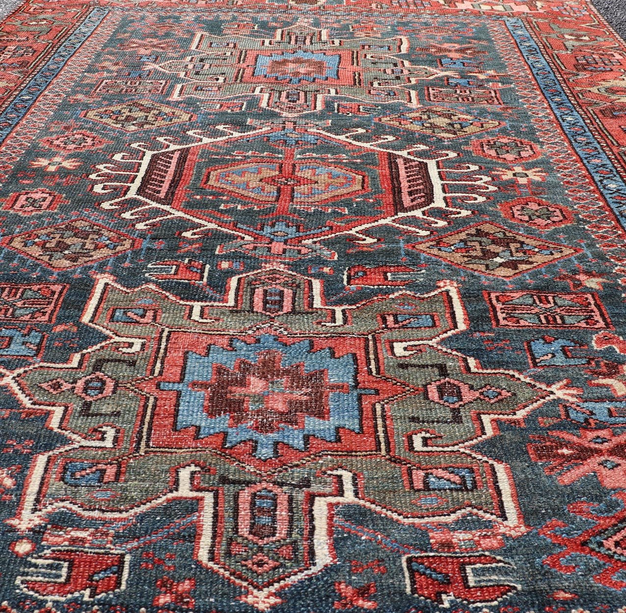 Antique Persian Karajeh Rug with Three Geometric Medallions in Red & Blue. Keivan Woven Arts / rug EMB - 22109 - 15037, country of origin / type: Persian / Serapi - Karajeh, circa early - 20th century. Measures: 4'5 x 6'1 Traditionally inspired by the C... - Keivan Woven ArtsEMB - 22109 - 15037 - 20463Rug
