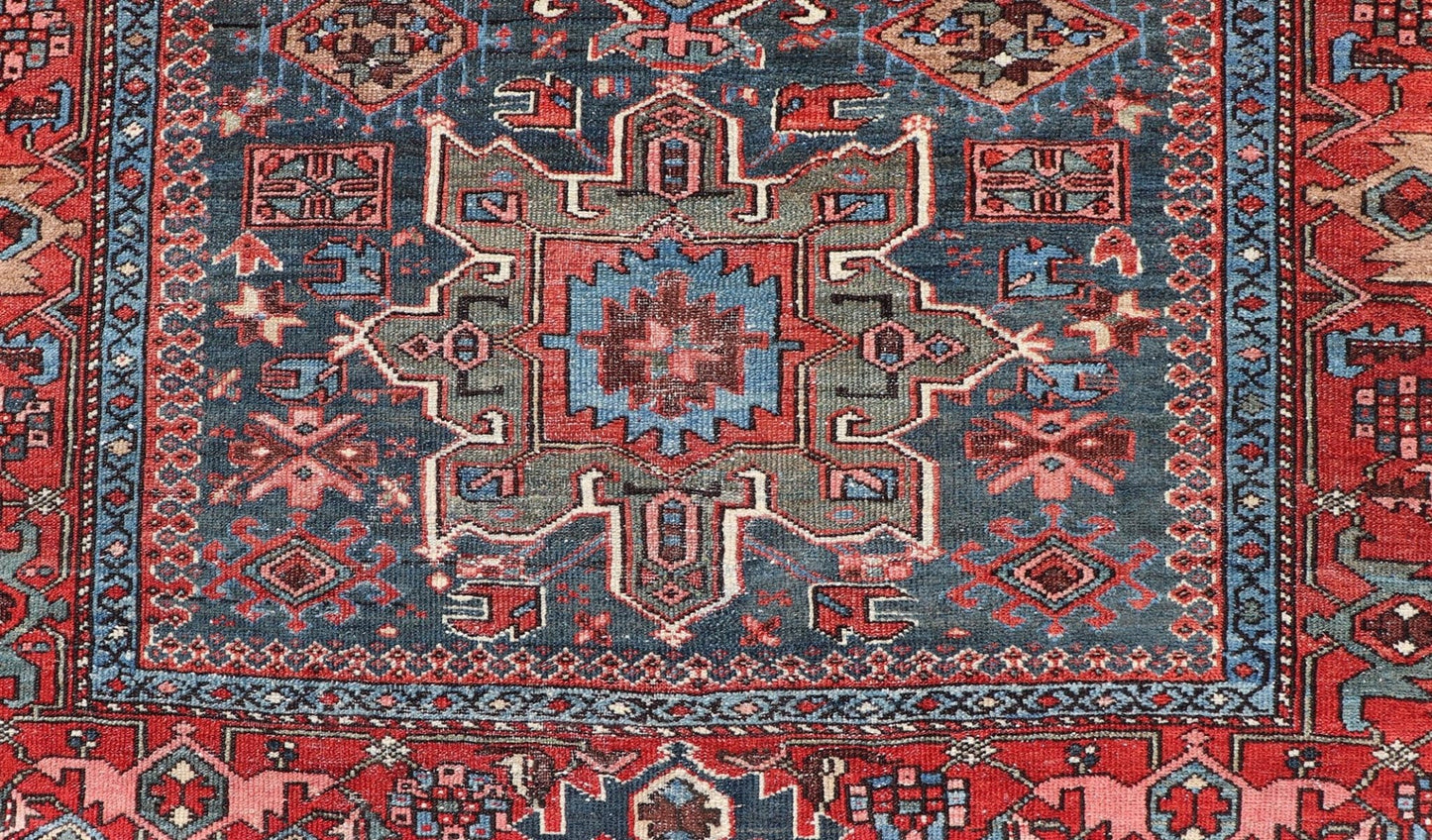Antique Persian Karajeh Rug with Three Geometric Medallions in Red & Blue. Keivan Woven Arts / rug EMB - 22109 - 15037, country of origin / type: Persian / Serapi - Karajeh, circa early - 20th century. Measures: 4'5 x 6'1 Traditionally inspired by the C... - Keivan Woven ArtsEMB - 22109 - 15037 - 20463Rug
