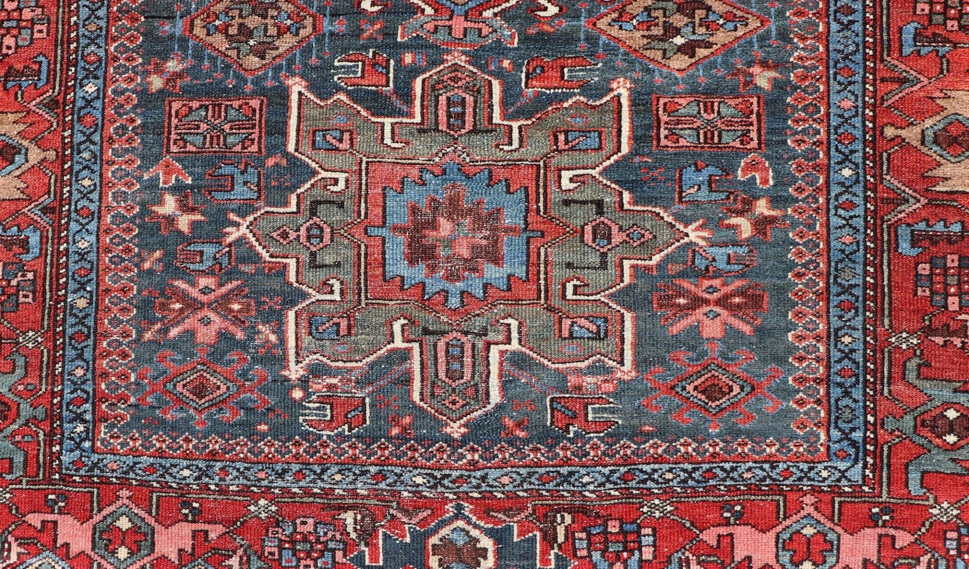 Antique Persian Karajeh Rug with Three Geometric Medallions in Red & Blue. Keivan Woven Arts / rug EMB - 22109 - 15037, country of origin / type: Persian / Serapi - Karajeh, circa early - 20th century. Measures: 4'5 x 6'1 Traditionally inspired by the C... - Keivan Woven ArtsEMB - 22109 - 15037 - 20463Rug