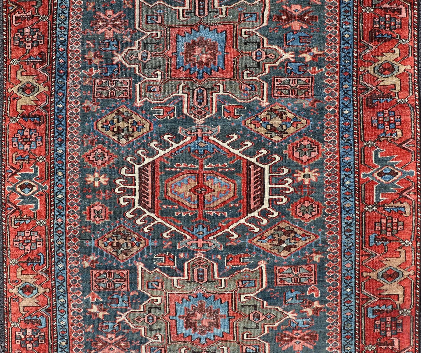 Antique Persian Karajeh Rug with Three Geometric Medallions in Red & Blue. Keivan Woven Arts / rug EMB - 22109 - 15037, country of origin / type: Persian / Serapi - Karajeh, circa early - 20th century. Measures: 4'5 x 6'1 Traditionally inspired by the C... - Keivan Woven ArtsEMB - 22109 - 15037 - 20463Rug