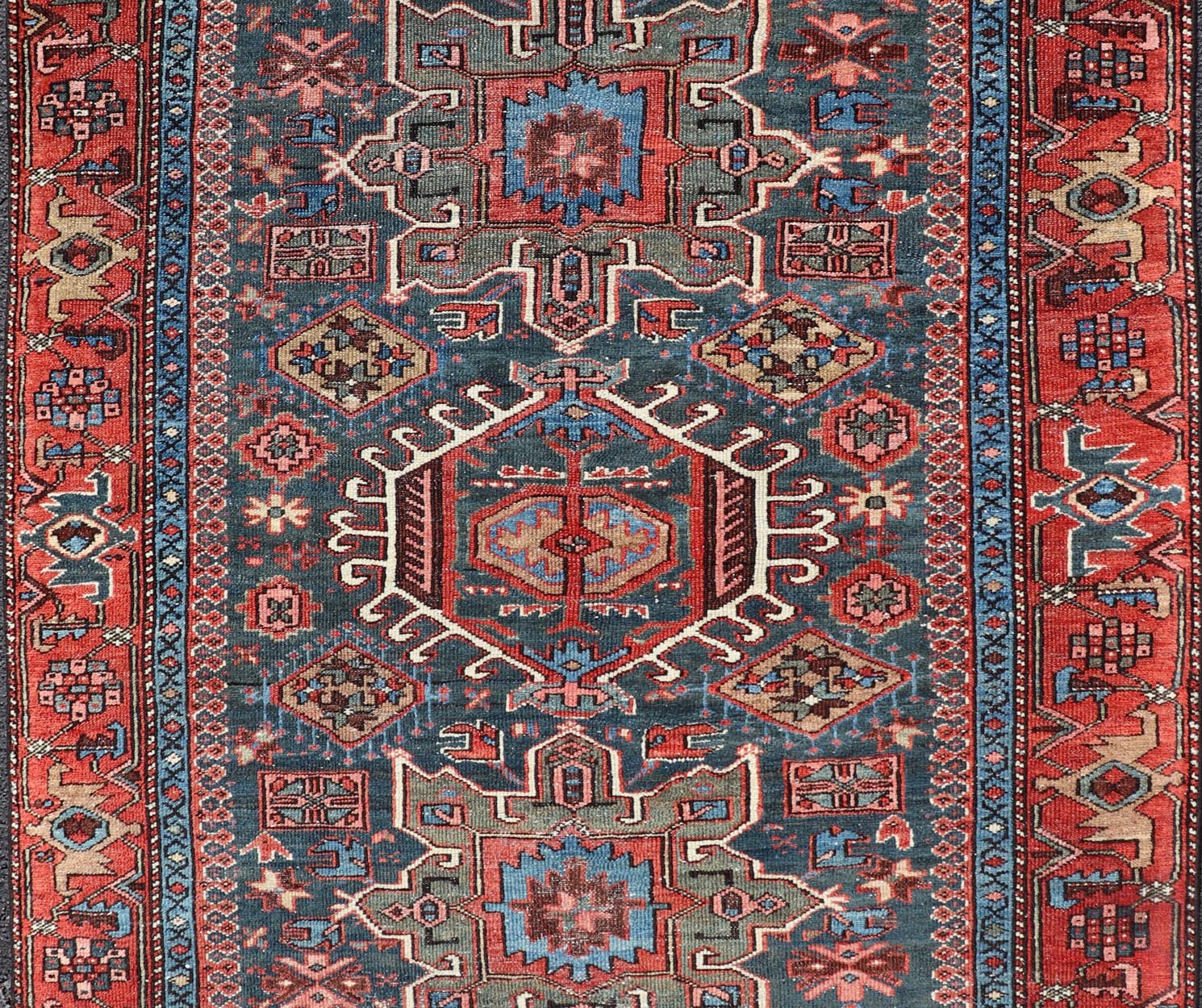 Antique Persian Karajeh Rug with Three Geometric Medallions in Red & Blue. Keivan Woven Arts / rug EMB - 22109 - 15037, country of origin / type: Persian / Serapi - Karajeh, circa early - 20th century. Measures: 4'5 x 6'1 Traditionally inspired by the C... - Keivan Woven ArtsEMB - 22109 - 15037 - 20463Rug