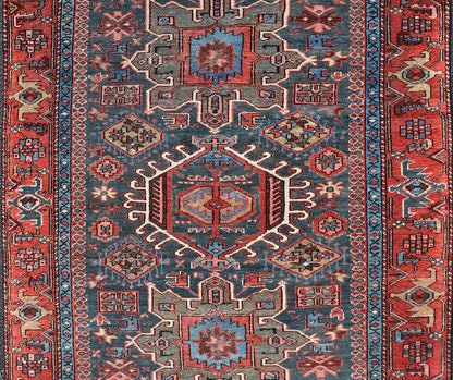 Antique Persian Karajeh Rug with Three Geometric Medallions in Red & Blue. Keivan Woven Arts / rug EMB - 22109 - 15037, country of origin / type: Persian / Serapi - Karajeh, circa early - 20th century. Measures: 4'5 x 6'1 Traditionally inspired by the C... - Keivan Woven ArtsEMB - 22109 - 15037 - 20463Rug