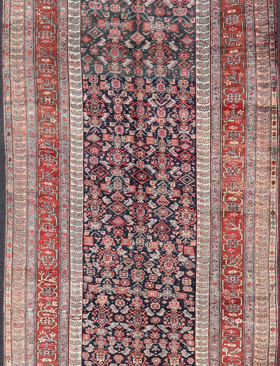 Measures: 6'2 x 16'4 Antique Persian Bidjar Long Gallery Rug with All - Over Sub - Geometric Design. Keivan Woven Arts; rug EMB - 22111 - 15107; country of origin / type: Persian / Bidjar, circa 1910. This antique Persian Bidjar long gallery sized ru... - Keivan Woven ArtsEMB - 22111 - 15107 - 20812Rug