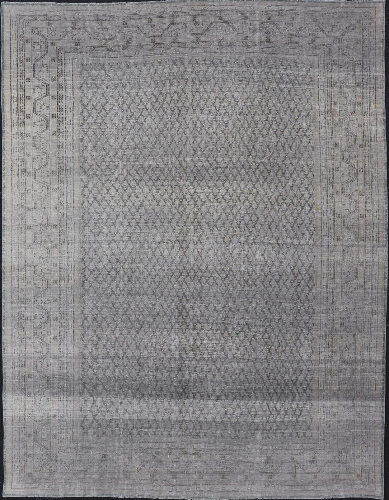 Measures: 8'0 x 11'2 Distressed Persian Antique Tabriz Carpet with Muted Floral Design in Light Gray Keivan Woven Arts/ rug EMB - 22115 - 15112, country of origin / type: Iran/ Tabriz, circa 1920. This muted antique distressed Persian Tabriz carpet ... - Keivan Woven ArtsEMB - 22115 - 15112 - 20830