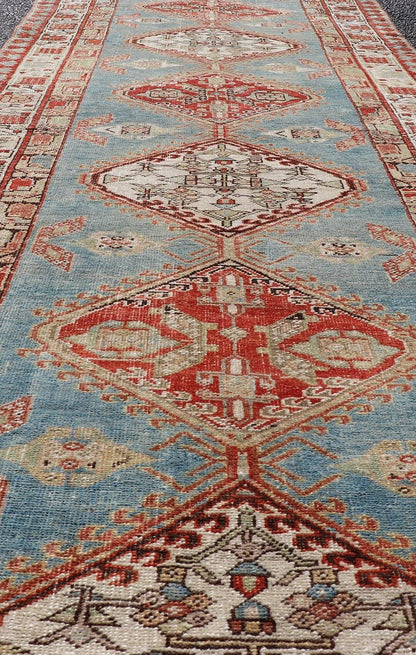 Antique Hand - Knotted Sarab Runner with Sub - Geometric Design in Red, Blue & Ivory. Antique Sarab Runner, rug EMB - 22116 - 15012; Keivan Woven Arts, country of origin / type: Persian / Sarab, circa 1910. Measures: 3'2 x 10'2 This antique hand - knotted ... - Keivan Woven ArtsEMB - 22116 - 15012 - 20325Rug