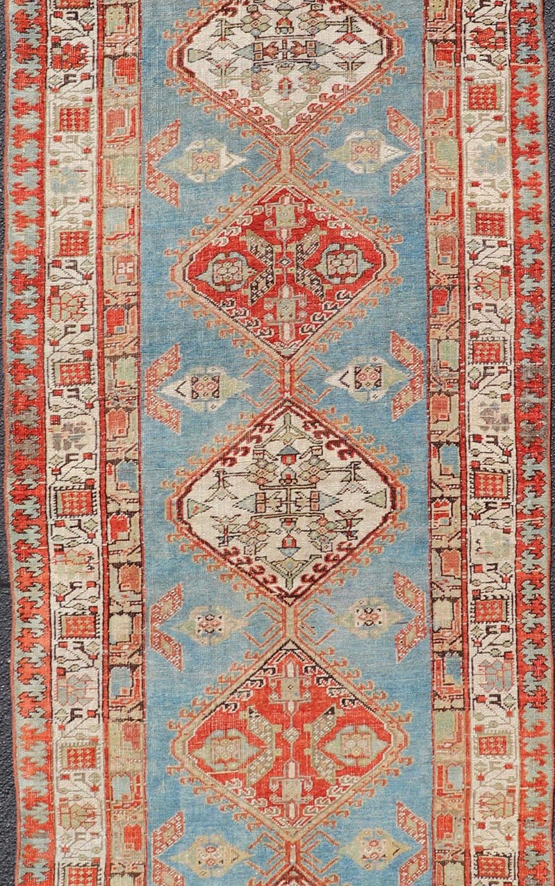 Antique Hand - Knotted Sarab Runner with Sub - Geometric Design in Red, Blue & Ivory. Antique Sarab Runner, rug EMB - 22116 - 15012; Keivan Woven Arts, country of origin / type: Persian / Sarab, circa 1910. Measures: 3'2 x 10'2 This antique hand - knotted ... - Keivan Woven ArtsEMB - 22116 - 15012 - 20325Rug