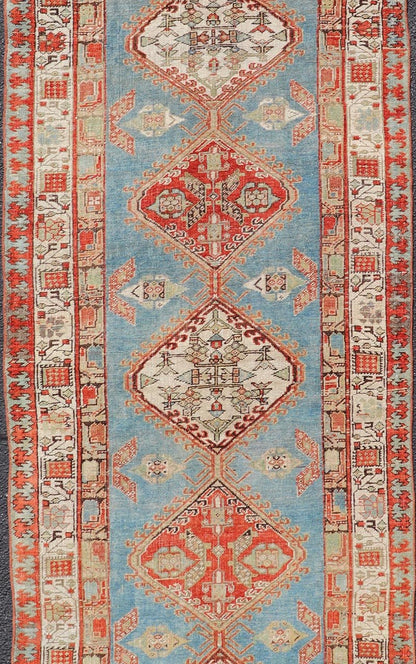 Antique Hand - Knotted Sarab Runner with Sub - Geometric Design in Red, Blue & Ivory. Antique Sarab Runner, rug EMB - 22116 - 15012; Keivan Woven Arts, country of origin / type: Persian / Sarab, circa 1910. Measures: 3'2 x 10'2 This antique hand - knotted ... - Keivan Woven ArtsEMB - 22116 - 15012 - 20325Rug