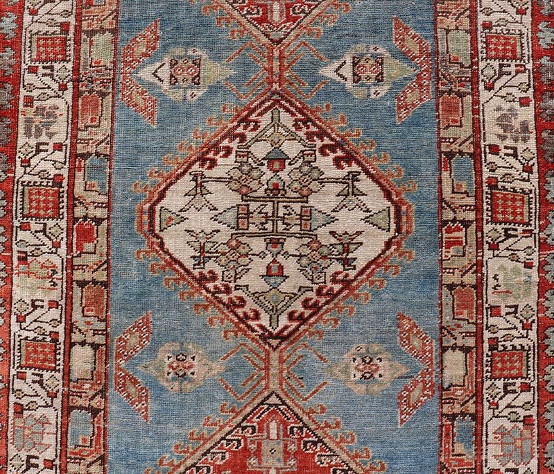 Antique Hand - Knotted Sarab Runner with Sub - Geometric Design in Red, Blue & Ivory. Antique Sarab Runner, rug EMB - 22116 - 15012; Keivan Woven Arts, country of origin / type: Persian / Sarab, circa 1910. Measures: 3'2 x 10'2 This antique hand - knotted ... - Keivan Woven ArtsEMB - 22116 - 15012 - 20325Rug