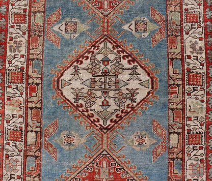 Antique Hand - Knotted Sarab Runner with Sub - Geometric Design in Red, Blue & Ivory. Antique Sarab Runner, rug EMB - 22116 - 15012; Keivan Woven Arts, country of origin / type: Persian / Sarab, circa 1910. Measures: 3'2 x 10'2 This antique hand - knotted ... - Keivan Woven ArtsEMB - 22116 - 15012 - 20325Rug