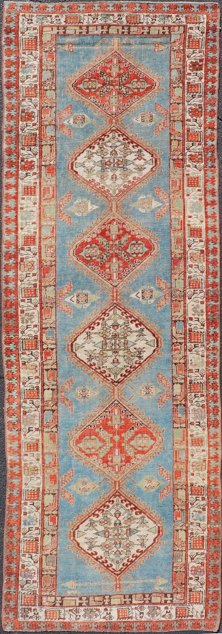 Antique Hand - Knotted Sarab Runner with Sub - Geometric Design in Red, Blue & Ivory. Antique Sarab Runner, rug EMB - 22116 - 15012; Keivan Woven Arts, country of origin / type: Persian / Sarab, circa 1910. Measures: 3'2 x 10'2 This antique hand - knotted ... - Keivan Woven ArtsEMB - 22116 - 15012 - 20325Rug