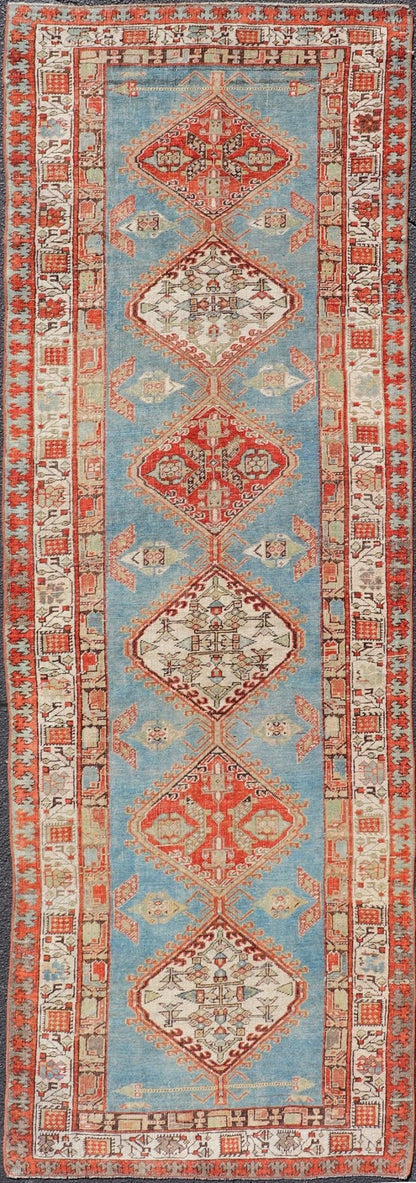 Antique Hand - Knotted Sarab Runner with Sub - Geometric Design in Red, Blue & Ivory. Antique Sarab Runner, rug EMB - 22116 - 15012; Keivan Woven Arts, country of origin / type: Persian / Sarab, circa 1910. Measures: 3'2 x 10'2 This antique hand - knotted ... - Keivan Woven ArtsEMB - 22116 - 15012 - 20325Rug