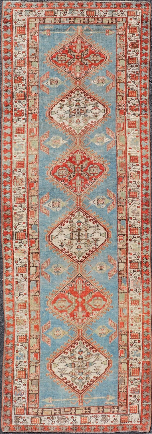 Antique Hand - Knotted Sarab Runner with Sub - Geometric Design in Red, Blue & Ivory. Antique Sarab Runner, rug EMB - 22116 - 15012; Keivan Woven Arts, country of origin / type: Persian / Sarab, circa 1910. Measures: 3'2 x 10'2 This antique hand - knotted ... - Keivan Woven ArtsEMB - 22116 - 15012 - 20325Rug