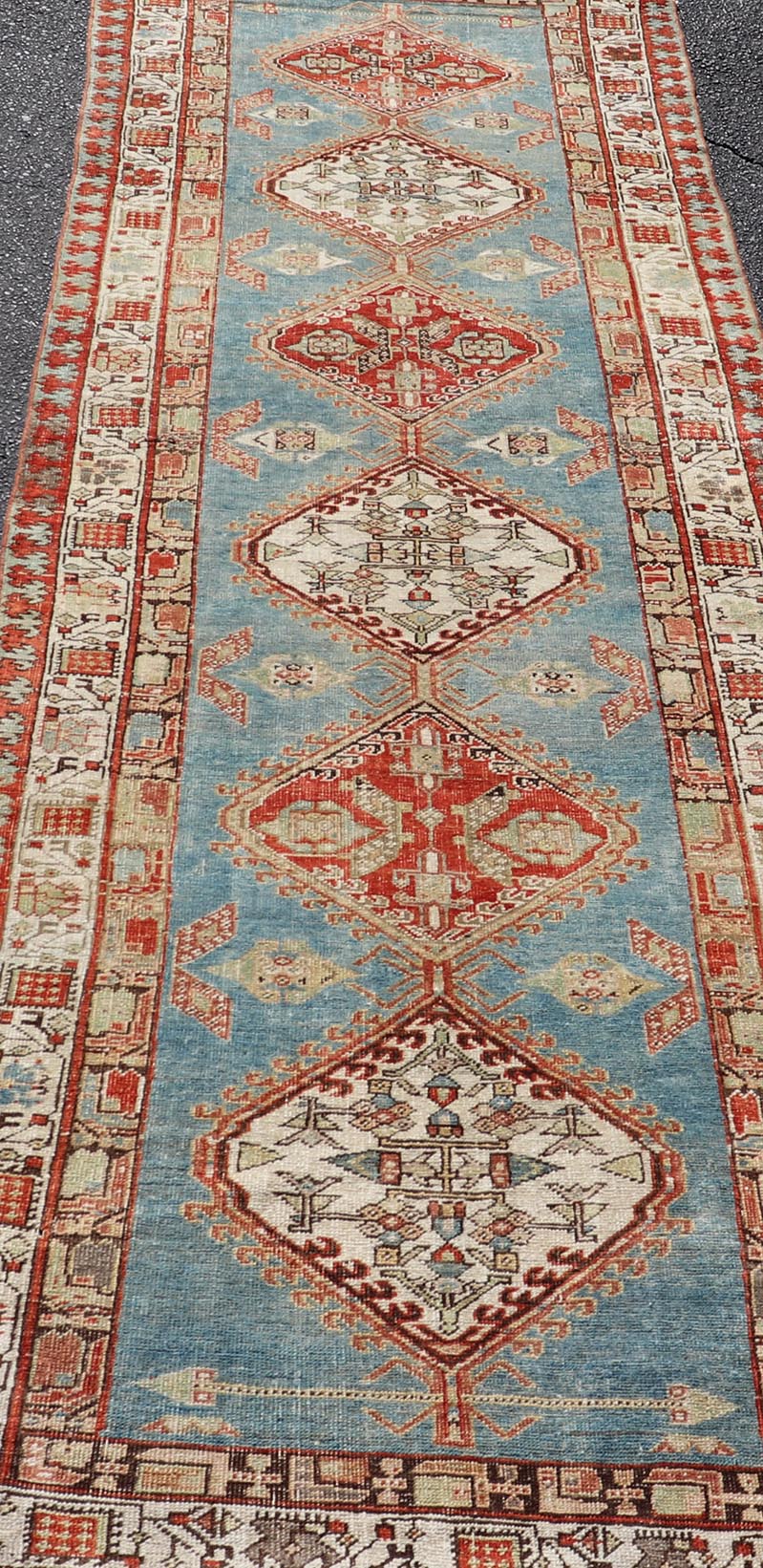 Antique Hand - Knotted Sarab Runner with Sub - Geometric Design in Red, Blue & Ivory. Antique Sarab Runner, rug EMB - 22116 - 15012; Keivan Woven Arts, country of origin / type: Persian / Sarab, circa 1910. Measures: 3'2 x 10'2 This antique hand - knotted ... - Keivan Woven ArtsEMB - 22116 - 15012 - 20325Rug